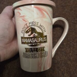 Mamasaurus Mug With Topper To Keep Warm Gold Leafing Pink Marble Swirl Pattern
